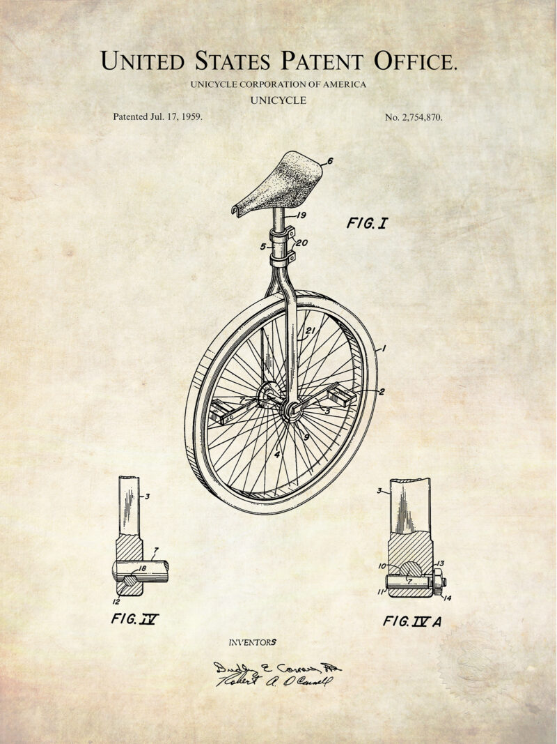 Unicycle Design | 1959 Patent Print