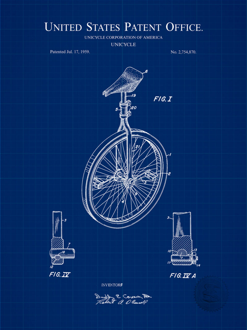 Unicycle Design | 1959 Patent Print