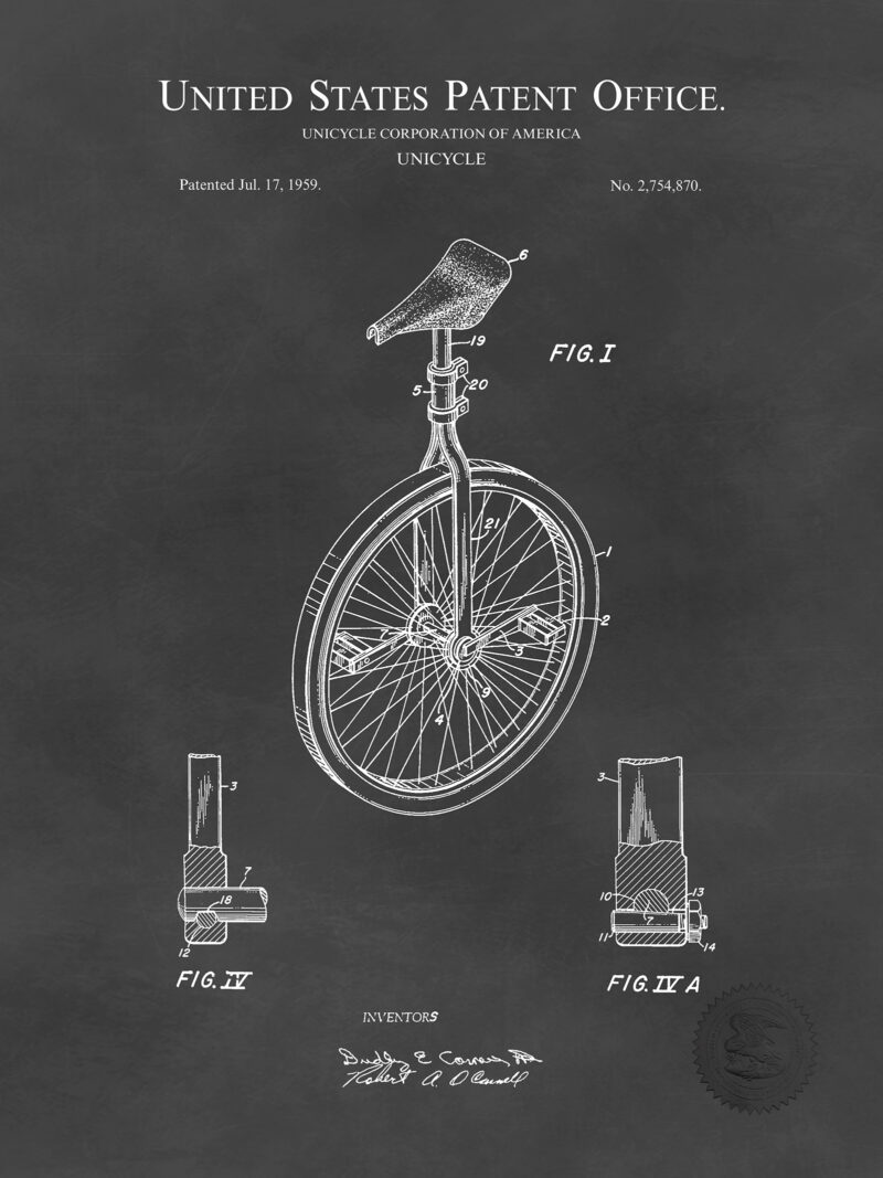 Unicycle Design | 1959 Patent Print