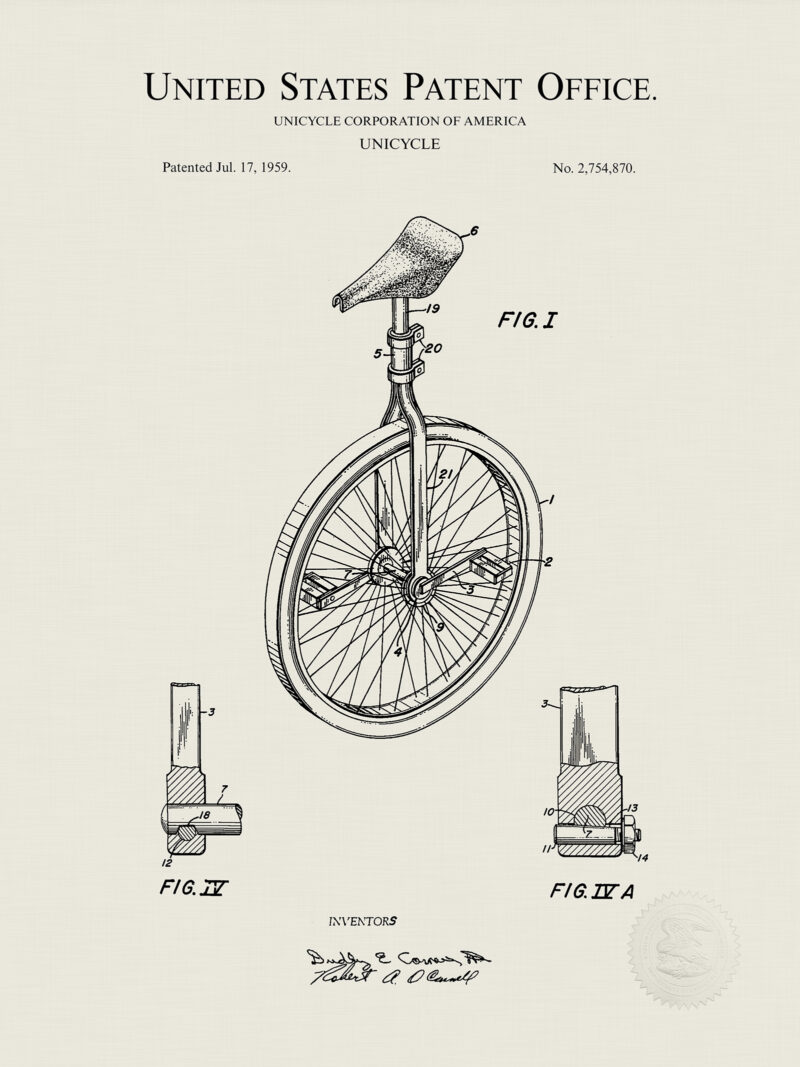 Unicycle Design | 1959 Patent Print